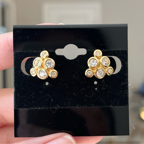 Vintage Christian Dior Mini Rhinestone Flower Triangle 14k Gold Post Earrings - Picture 1 of 4